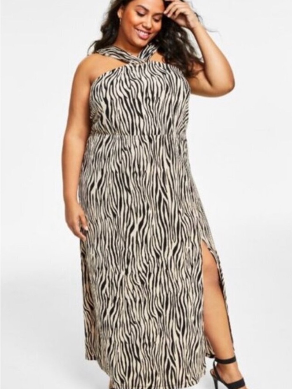 INC International Concepts Plus-Size Zebra Halter Maxi Dress - Black & Cream